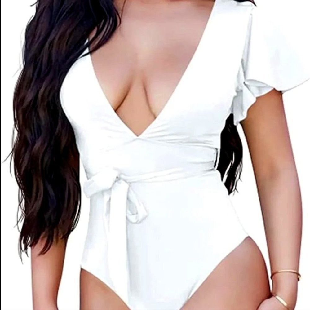 Summer Sexy Deep V Neck One Piece Swimsuit with Side Tie (M, White)